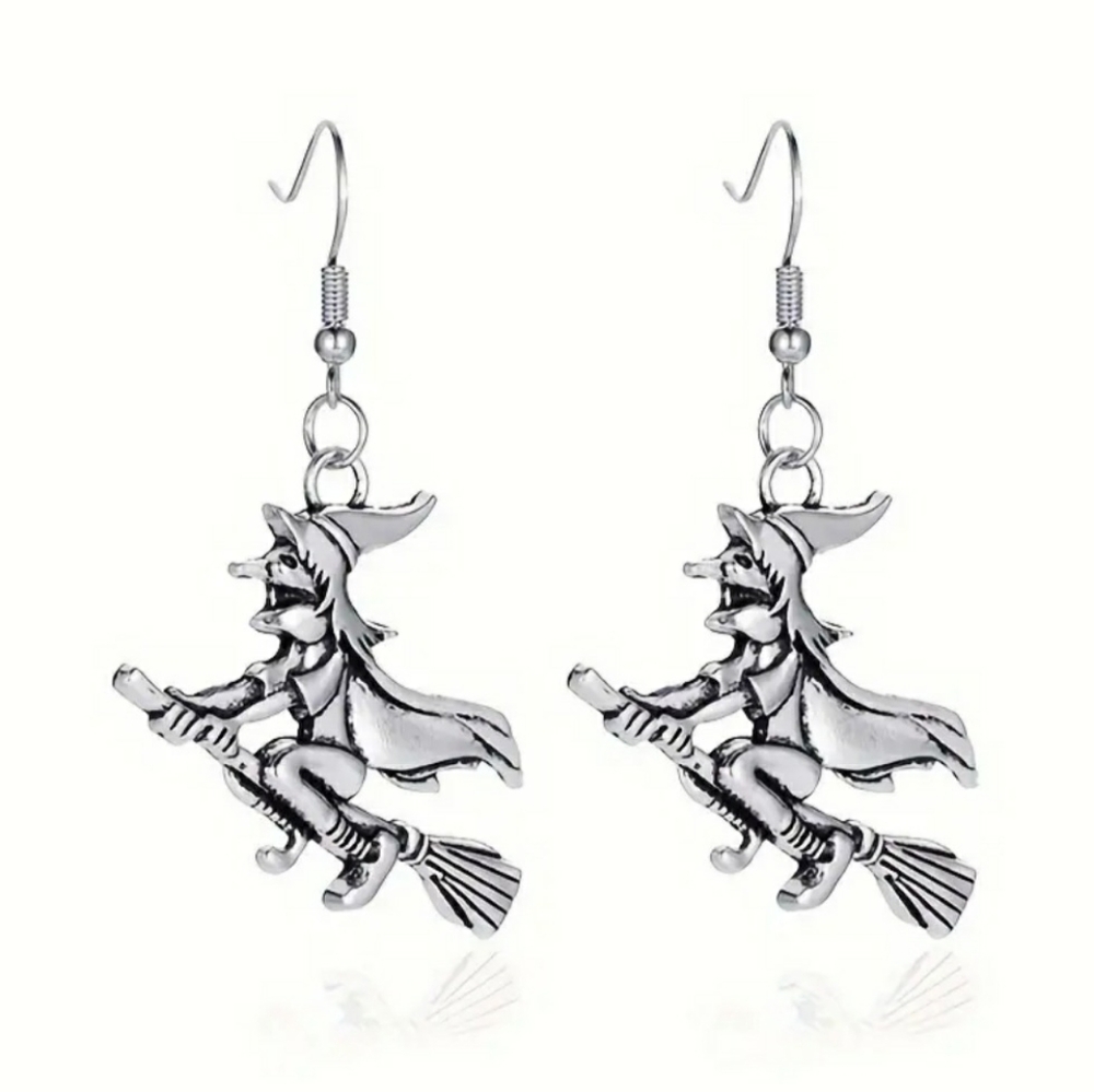 NEW Silver Witch Flying on Broom Halloween Earrings